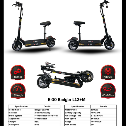 E-GO Badger Electric Scooter (Tubeless Tires)